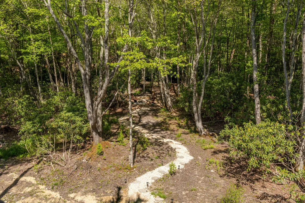 A peaceful winding path meanders through tall trees and lush green foliage, inviting residents to explore the natural beauty surrounding Eagles Nest. The scene invokes discovery and tranquility, evoking the atmosphere of hiking trails and opportunities for nature walks, birdwatching, and sunset views.